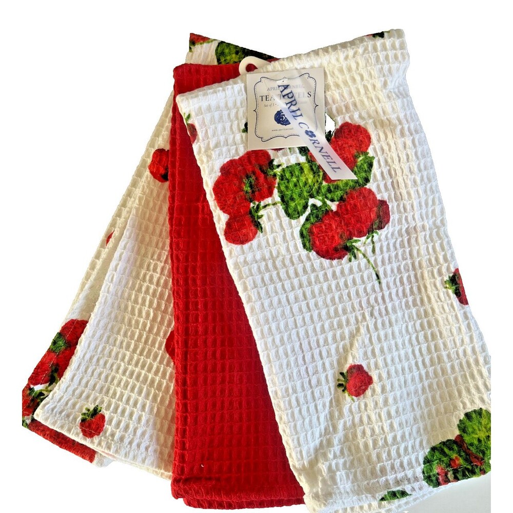 April Cornell Strawberries Kitchen Dish Towels Set of 3 Waffle Weave White Red
